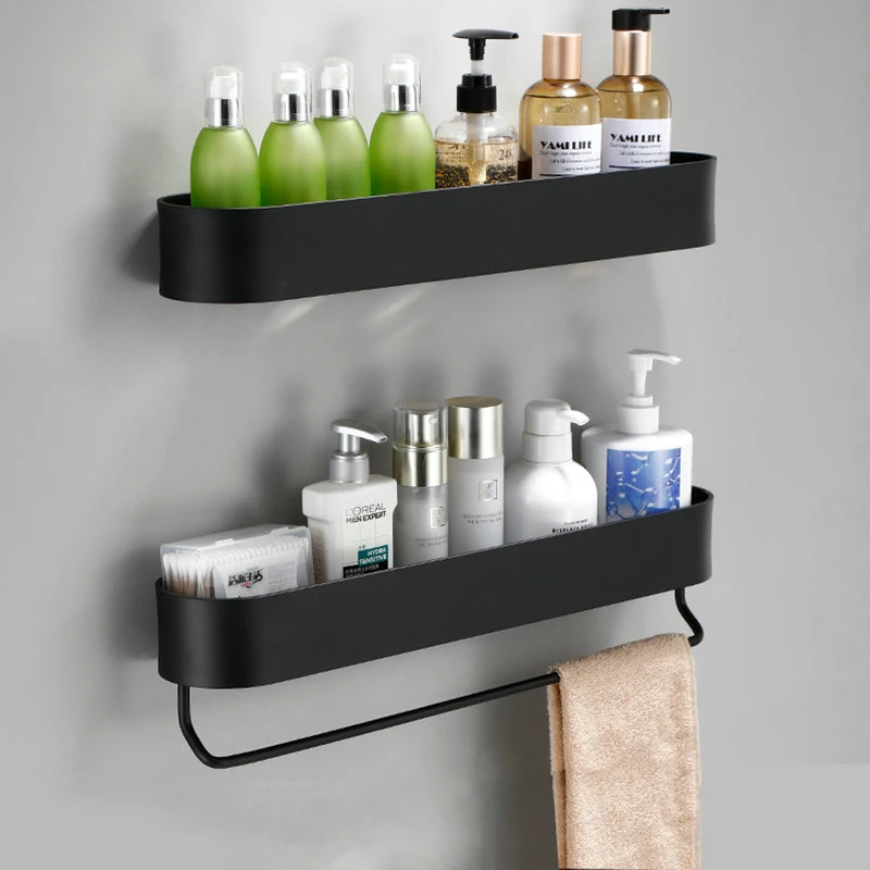 

No Drill Black Bathroom Shelf Bath Wall Shelves Shower Basket Storage Rack WithTowel Bar Bathroom Accessories