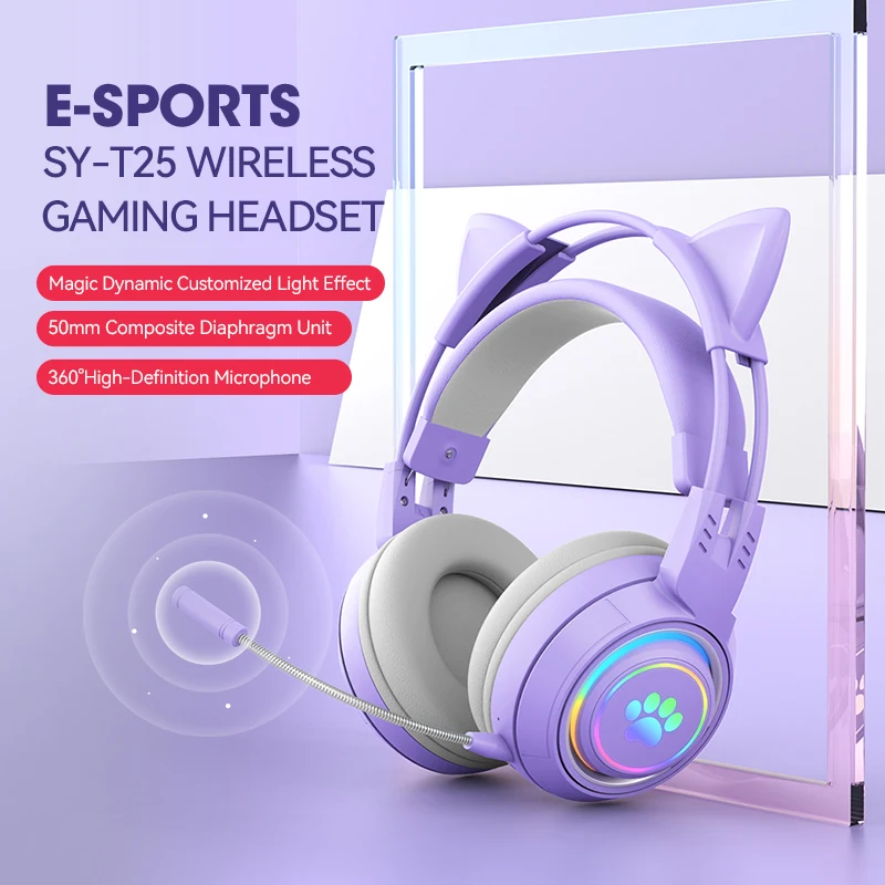 

SY-T25 игровая гарнитура; Электронная Спортивная гарнитура; Беспроводная Bluetooth-гарнитура с RGB-подсветкой; Игровая гарнитура с шумоподавлением;...
