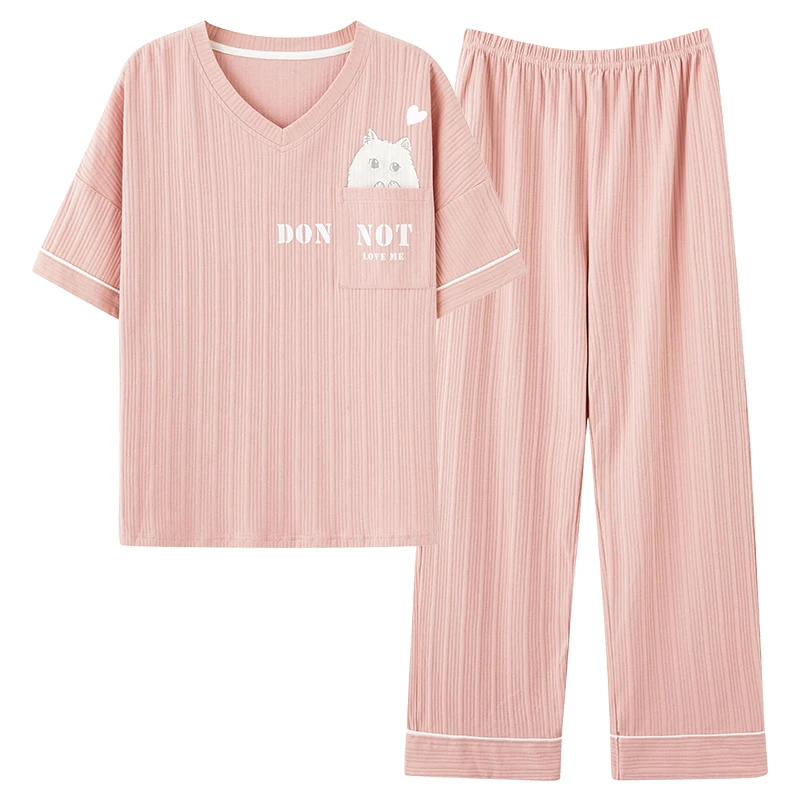 

Big Yards M-5XL Animal Cat Cotton Pajamas Women tops + trousers 2pieces summer tracksuit for women fashion cartoon pijamas mujer