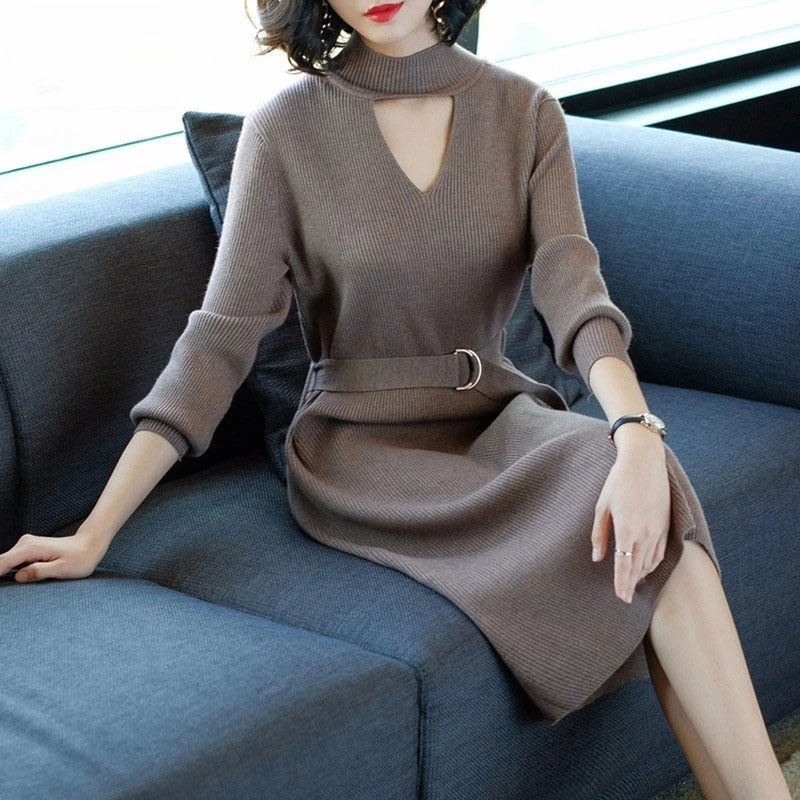 

Осенне-зимнее элегантное утепленное платье с длинным рукавом, женское офисное платье-свитер до колена с высоким воротником R57