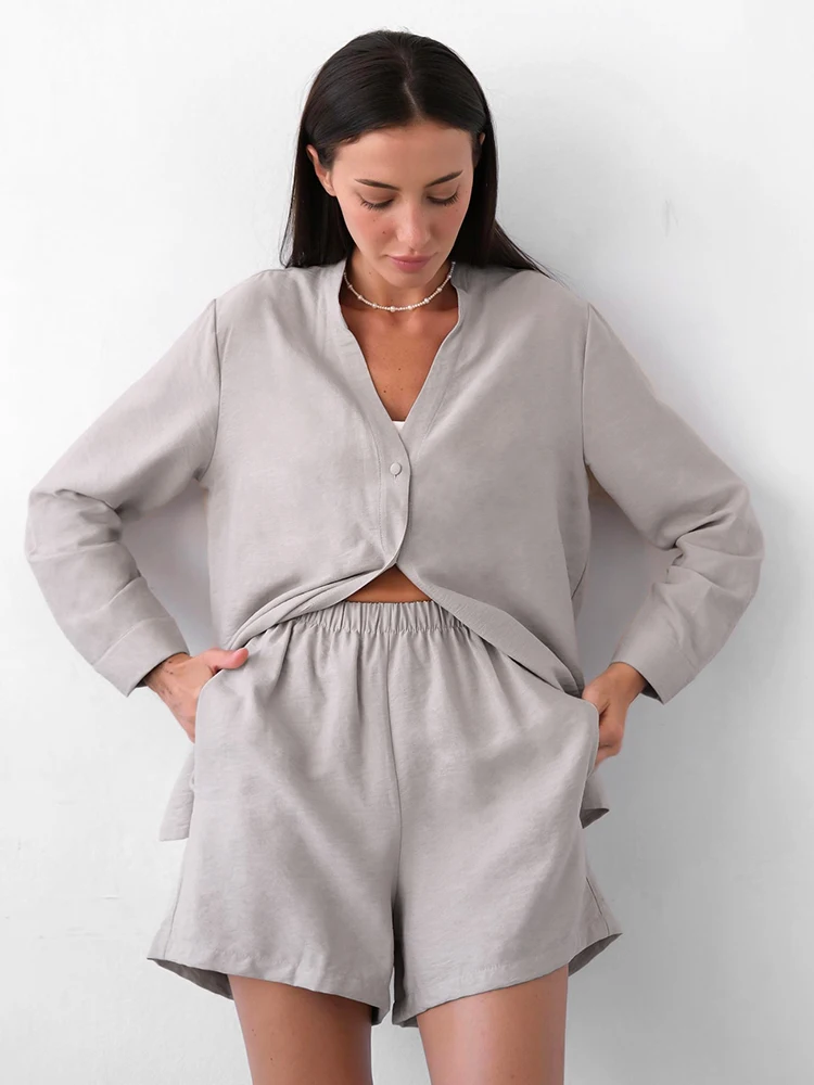 

Комплект хлопковой одежды Hiloc из двух предметов, женский наряд, 2023 свободные короткие комплекты с длинными рукавами, повседневная женская д...