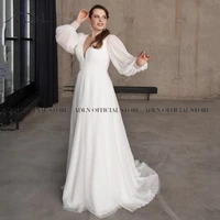elegant deep v neck plus size wedding dresses a line tulle long sleeve bridal gown sweep train vestido de novia