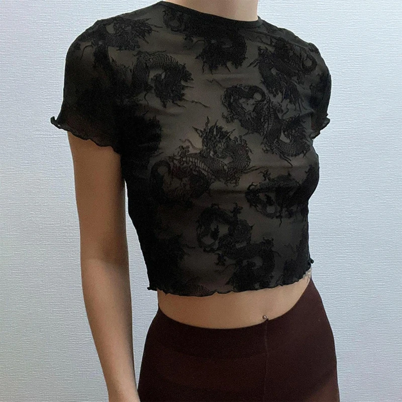 

Women Short Sleeve Sheer Mesh Crop Top Punk Vintage Dragon Print Ruffles T-Shirt