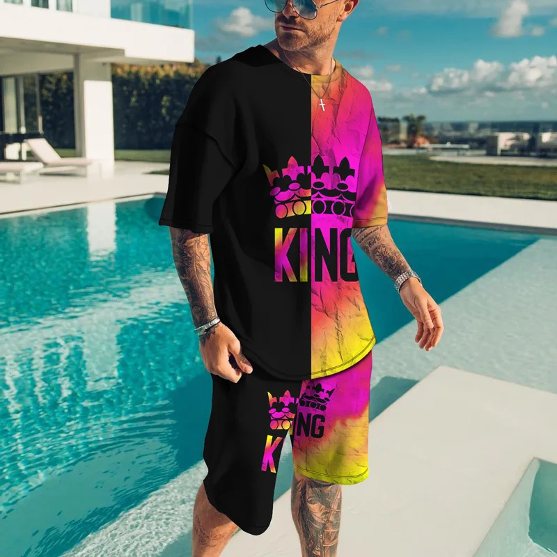 New Summer Men's T-shirt Suit KING Crown Graphic Print Outdoor Jogging Suit For Man Oversized Street Wear Two-piece Set
