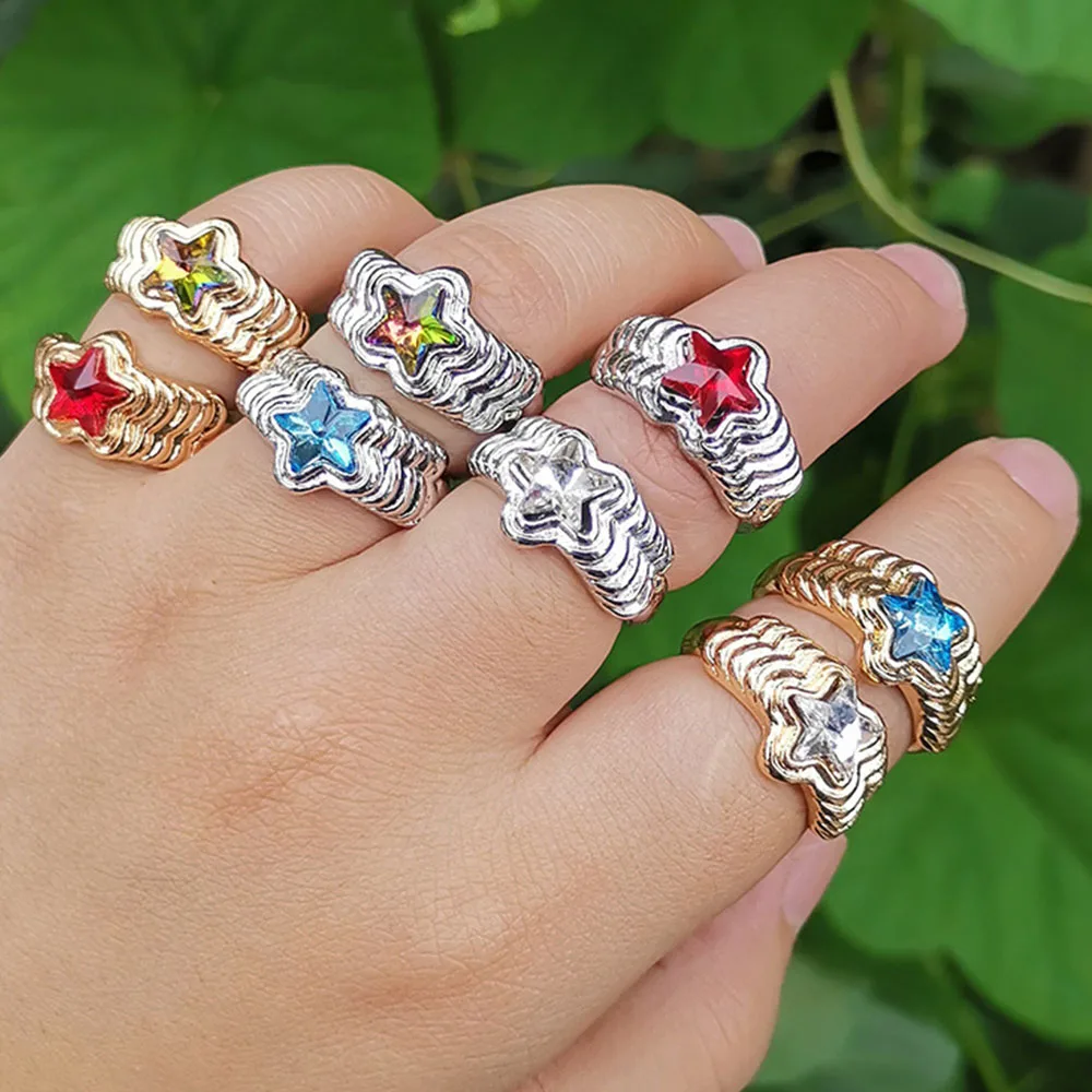 

Lost Lady Vintage Colorful Crystal Pentagram Ring For Women Fashion Temperament Ladies Ripple Wedding Ring Jewelry Direct Sales