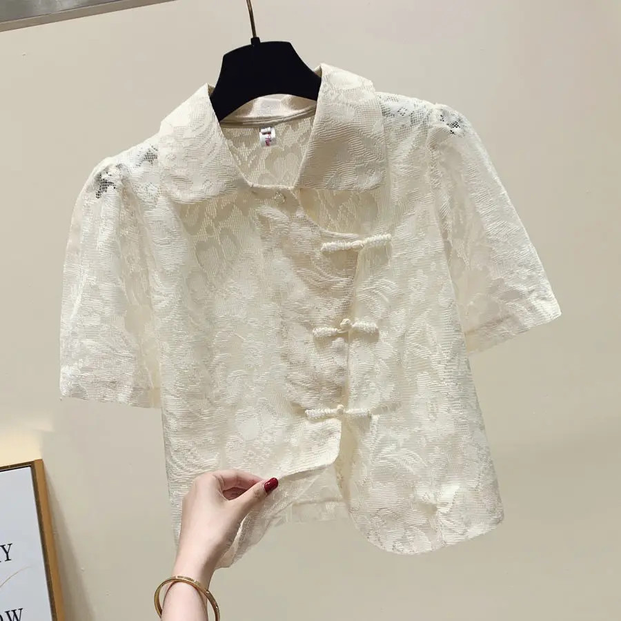 

Женская кружевная рубашка в китайском стиле, свободный облегающий топ с коротким рукавом и пряжкой, лето 2023