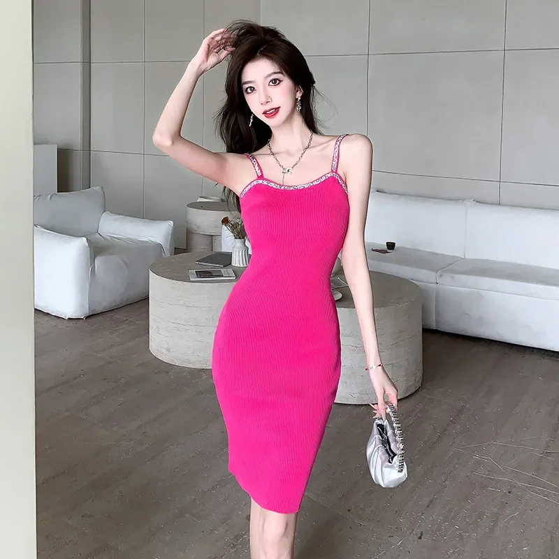 2024 Summer Women's Fashion Rhinestone Embellished Tank Dress Sexy Waist-Fitted Knit Korean Style With Backless Design