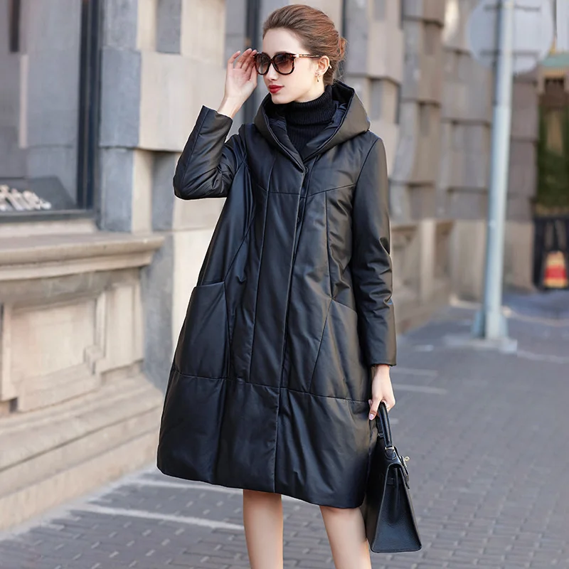 

Legitimate leather jacket with women's hood, long winter loose jacket of sheep's clothing with a cowl in a straight to