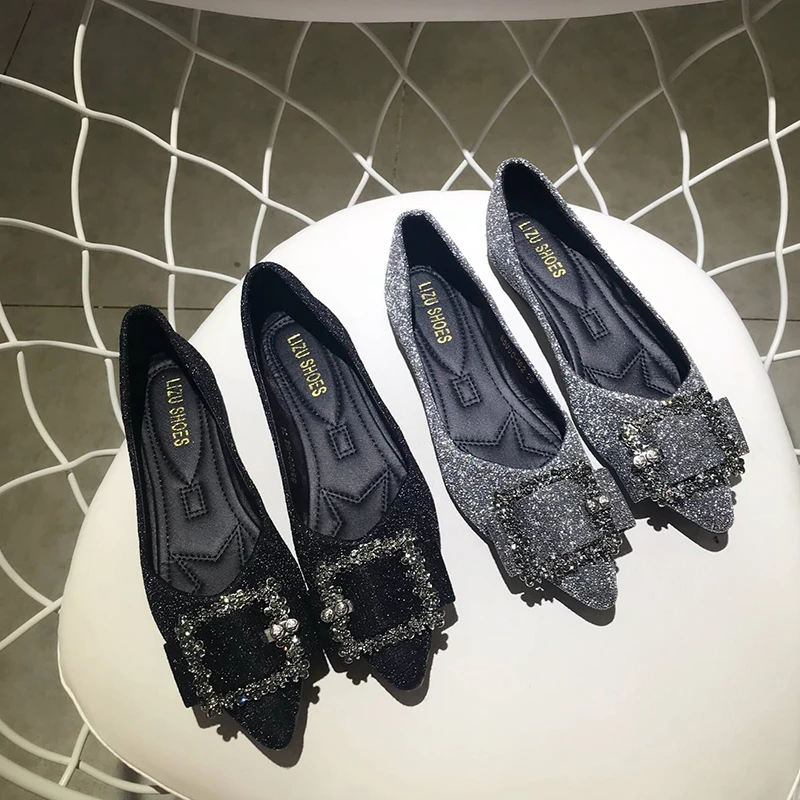 

Women's Shoes Spring and Autumn New Sequined Cloth Flat Shoes Fashion Rhinestone Metal Buckle Pointed Toe Party Shoes Large Size