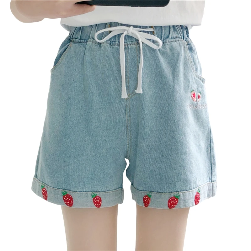 High Waisted Bottoms Summer Loose Kawaii Jeans Strawberry Embroidery Women Denim Shorts Girls 2021 Cute Casual Shorts Fashion