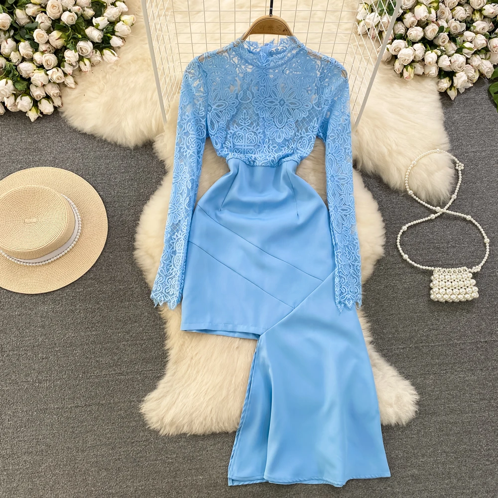 

Женское асимметричное платье OL, профессиональное Привлекательное платье с воротником-стойкой, кружевной ажурной талией и запахом на бедрах, для лета