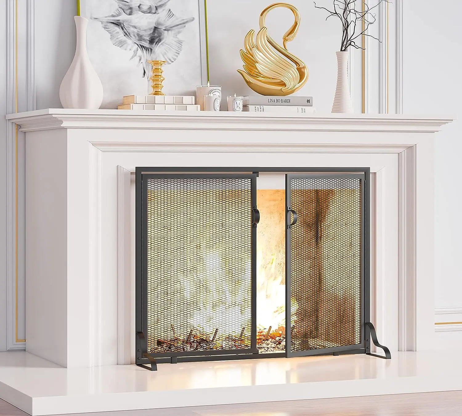 

in Fireplace Screen with Doors, 2-Pannel Handcrafted Solid Wrought Iron Decorative Mesh Classic Fire Spark Guard-Black