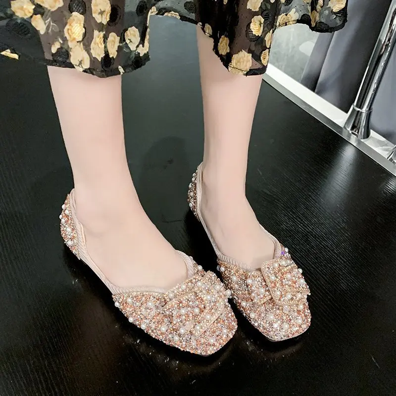 Flat shoes women's spring and summer rhinestone bow shallow mouth square head gentle fairy shoes comfortable soft beanie shoes