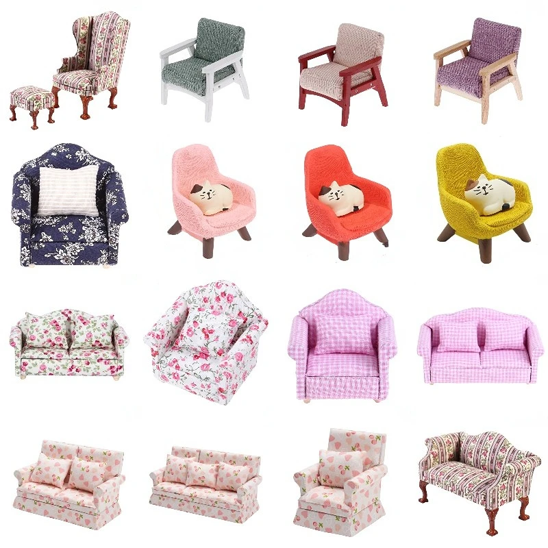 

1/12 Dollhouse Chair Sofa Single Double Triple Sofa With pillow Shattered Flowers Back Chair Furniture Toys Doll House Decor