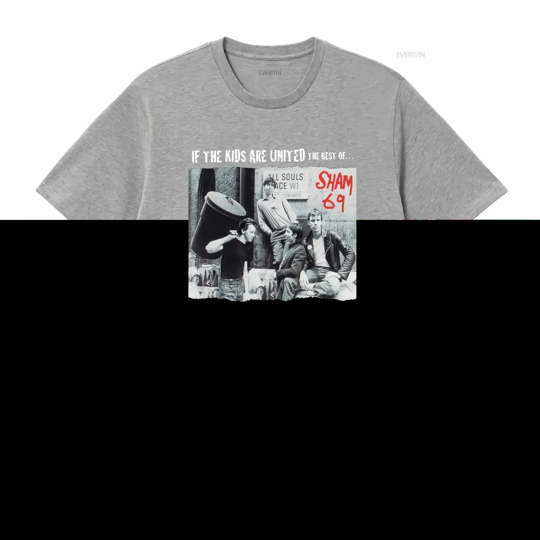 Фото Винтажная мужская футболка в стиле альбома Sham 69, черная, с дизайном All Souls' Place W1, доступные размеры, винтажная обработка, мягкая ткань. №3