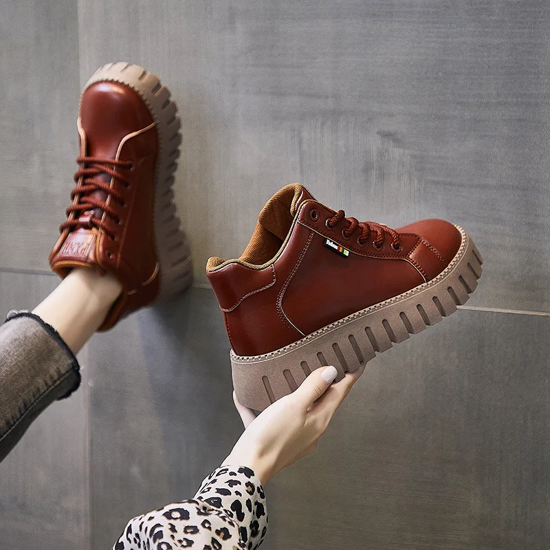 Women Platform Boots Shoes Winter Plush Round Toe Ladies Retro Ankle Boot Female Autumn Woman Thick Bottom Lace-up Booties Shoes