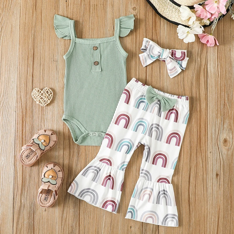 

Baby Girls Summer Jumpsuits Set Ribbed Flying Sleeves Romper and Casual Stretch Rainbow Flared Pants Headband