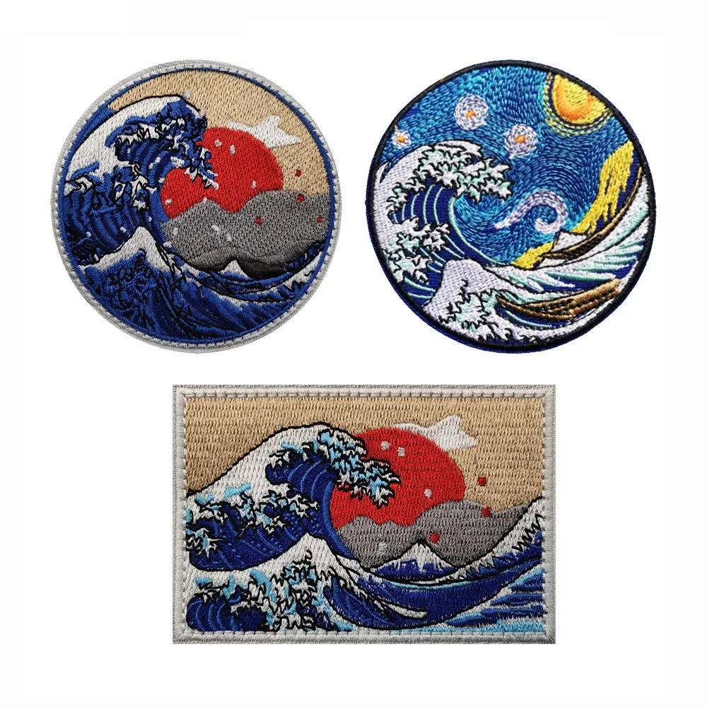 

Embroidered Patches DIY Hook and Loop Patch Morale Badges Star Kanagawa Big Wave Embroidery Cloth Stickers Patches for Clothing