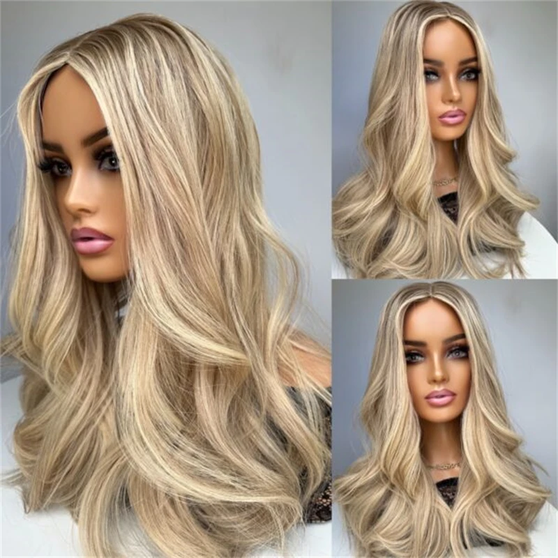 Фото Синтетический парик 13x4 Ombre Light Golden Blonde с невидимой HD-основой из кружева, мягкий длинный парик с волнистыми локонами, без клея, премиум-класса Futura №1