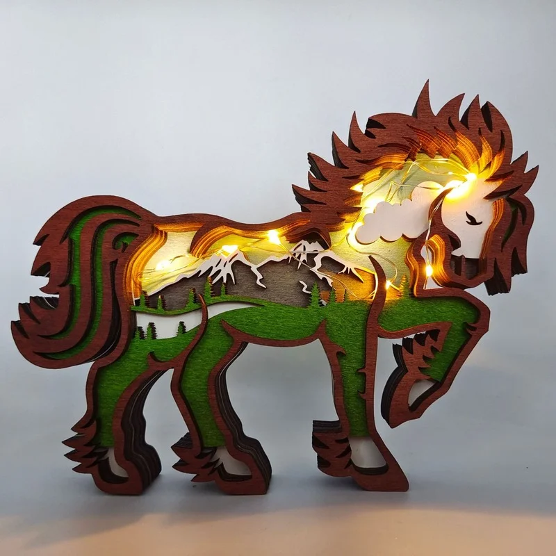 

Multi-layer Carving Wooden Horse Ornaments Wood Carving Animal Crafts with Led Home Desk Decorations Creative Festive Gift