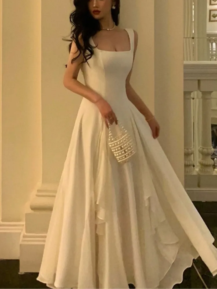 Летнее элегантное однотонное длинное платье-бретелька женское винтажное платье