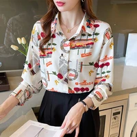 long sleeve vintage print korean style shirts for women streetwear loose ladies elegant blouses tops blusas bluzlar kadin