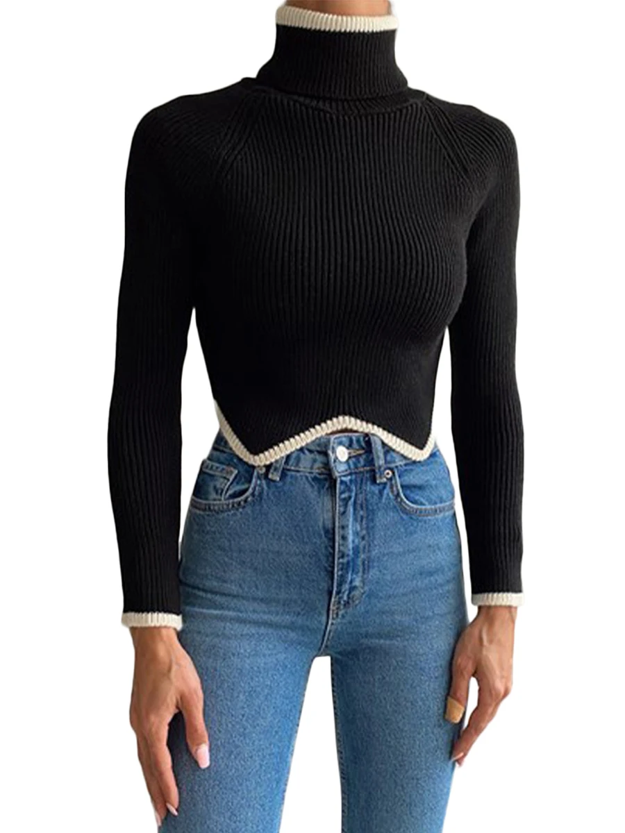 

Winkinlin Women Turtleneck Crop Shirt Long Sleeve Ribbed Knit Mock Neck Pullover Sweater Cropped Slim Fit Tee Tops Trendy