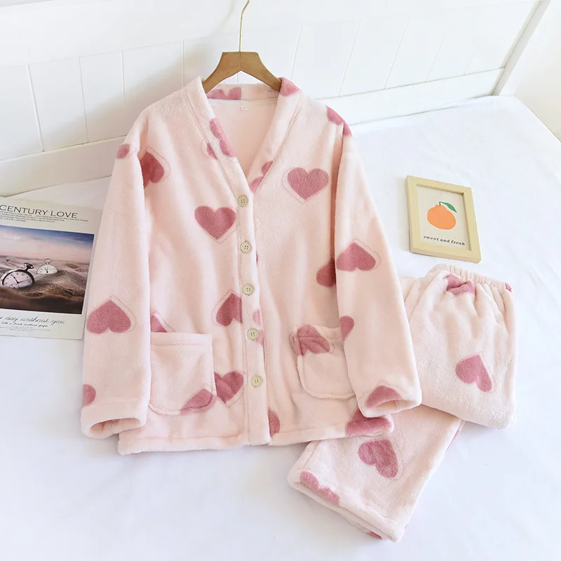 

V Neck Print Love Long Sleeves Shirt Pant Pajamas Sets Nightwear Cardigan Flannel Women Sleep Suit Winter Homewear Loose 2Pcs