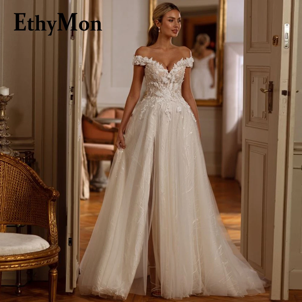 

Ethymon Off The Shoulder Sweetheart Wedding Gown For Bride Vestidos De Novia Custom Made Appliques Sleeveless Side Slit Tulle