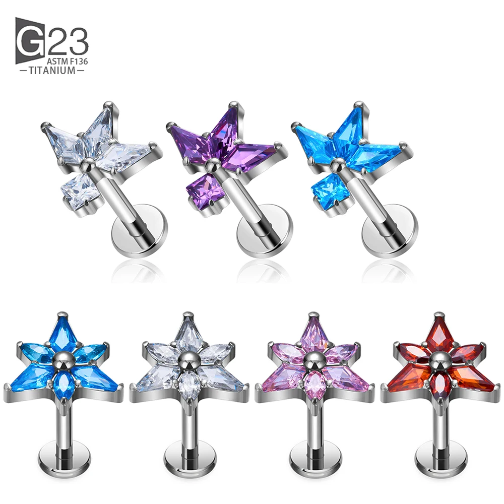 

ASTM F136 Titanium Ear PIERC Irregular 6 sided shape Earrings CZ Paved Top Threaded Labret Stud Tragus Body Piercing Jewelry