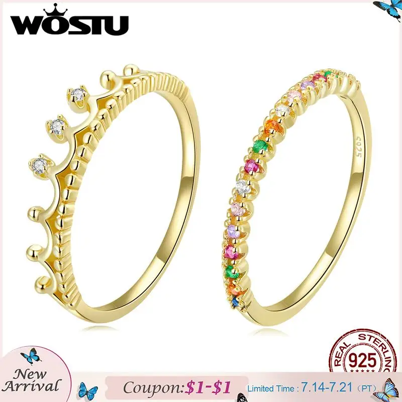 

WOSTU 925 Sterling Silver 18K Gold Crown Stacking Rings For Women Multi Color Rainbow CZ Ring Elegant Wedding Fine Jewelry Gift