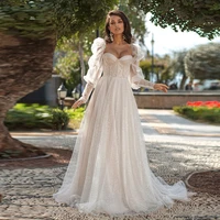 glitter wedding dresses for woman princess long sleeves sweetheart neck custom shiny corset back sweep train 2022 vestidos novia