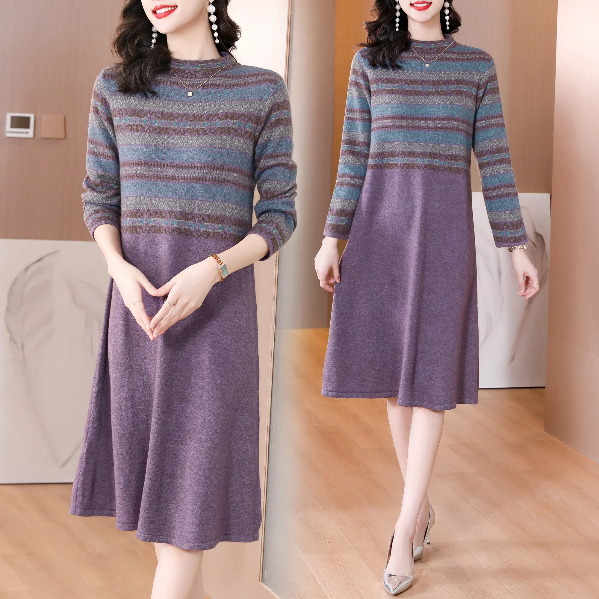 Новинка 2024 осенне-зимнее женское свободное платье-свитер длиной до колена с