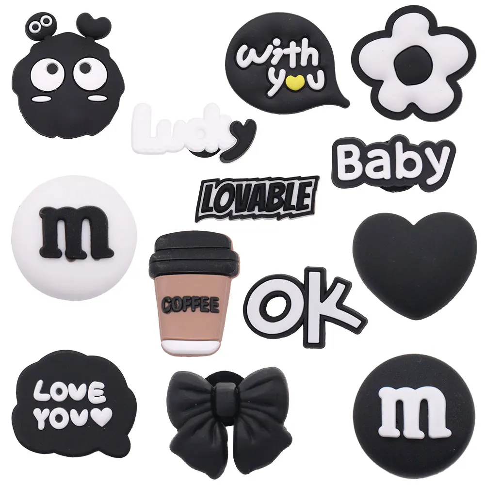 

Mix 50PCS PVC Croc Charms Black Coffee Lucky Baby Lovable Flower With You Bow Heart Buckle Clog Decorations for Bands Bracelets