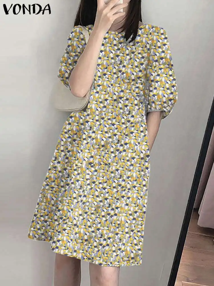

Women Elegant Dress 2023 Summer Women Printed Dress VONDA Sexy Round Neck Office Sundress Fashion Party Robe Femme Baggy