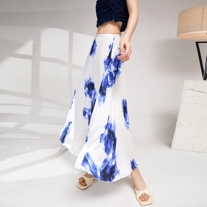 Pleated Skirt Women Summer 2022 New High Waist Stretch Loose Casual Miyake Pleated Print Skirt Ankle Length