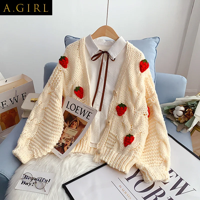 

A GIRLS Japanese Strawberry Knitted Cardigans Coats Korean Chic Sweet Kawaii Women Sweaters Vintage Cute Women Cardigan