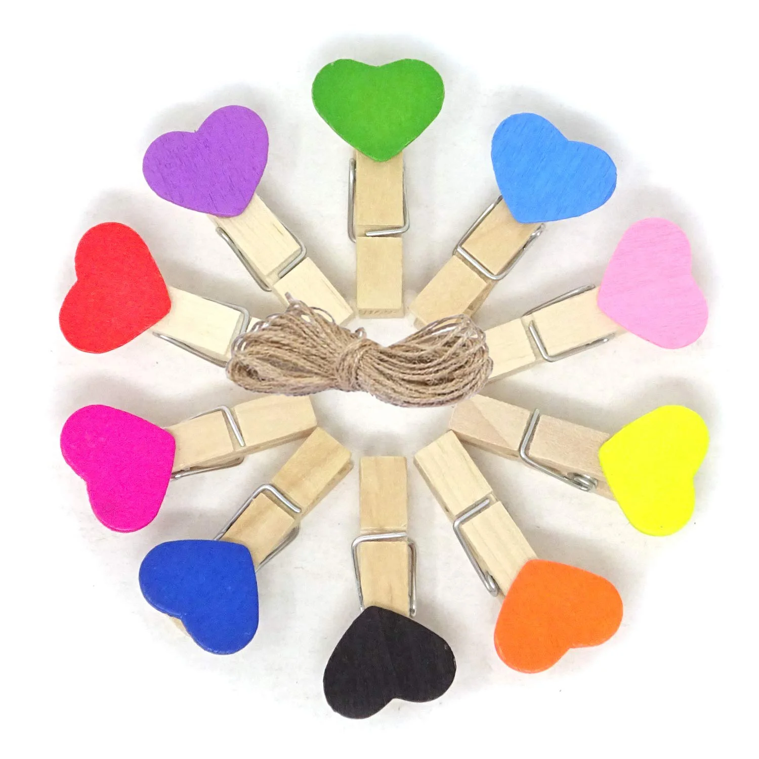 

50PCS 3.5cm Mini Heart Shaped Wooden Clothespin Colored Photos Craft Clips with 10m Jute Twine Wedding Birthday Party Decoration