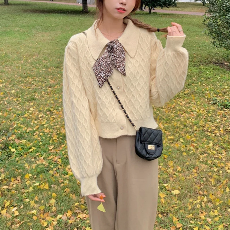 

Turn Down Collar Bow Women's Sweater Cardigan 2023 Autumn Casual Short Knit Cardigan Female Jacket Korean Loose Knitwear Tops