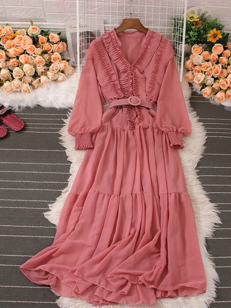 

Женское шифоновое платье с v-образным вырезом Fitaylor, Элегантное Длинное Платье трапециевидной формы с высокой талией и оборками, весна-лето