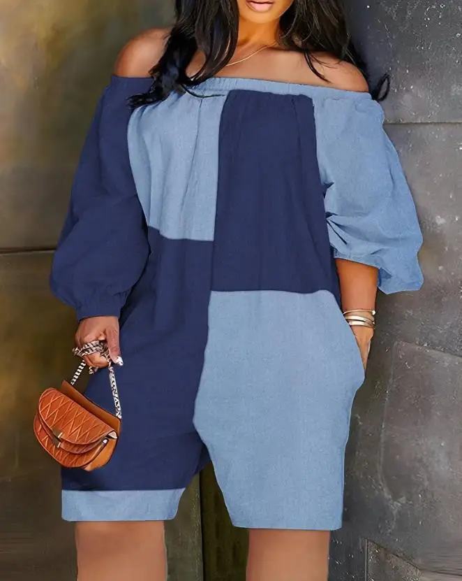 

Jumpsuit Women 2023 Summer Fashion Colorblock Off Shoulder Casual Pocket Design Long Sleeve Daily Above Knee Romper Streetwear