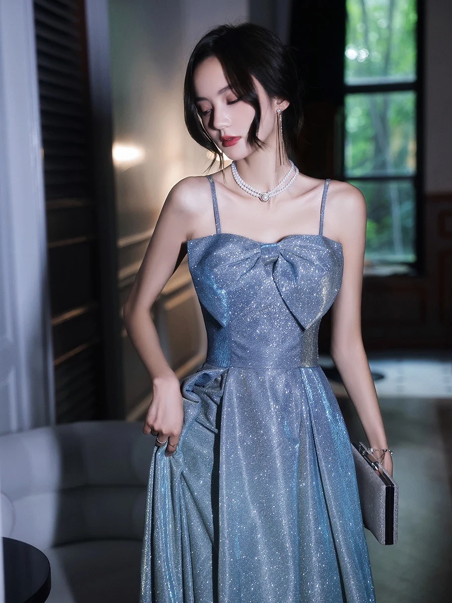 

Blue Bridesmaid Dress Shiny Sequined Bowknot Spaghetti Strap A Line Strapless Elegant Host Evening Prom Gowns For Women High-end