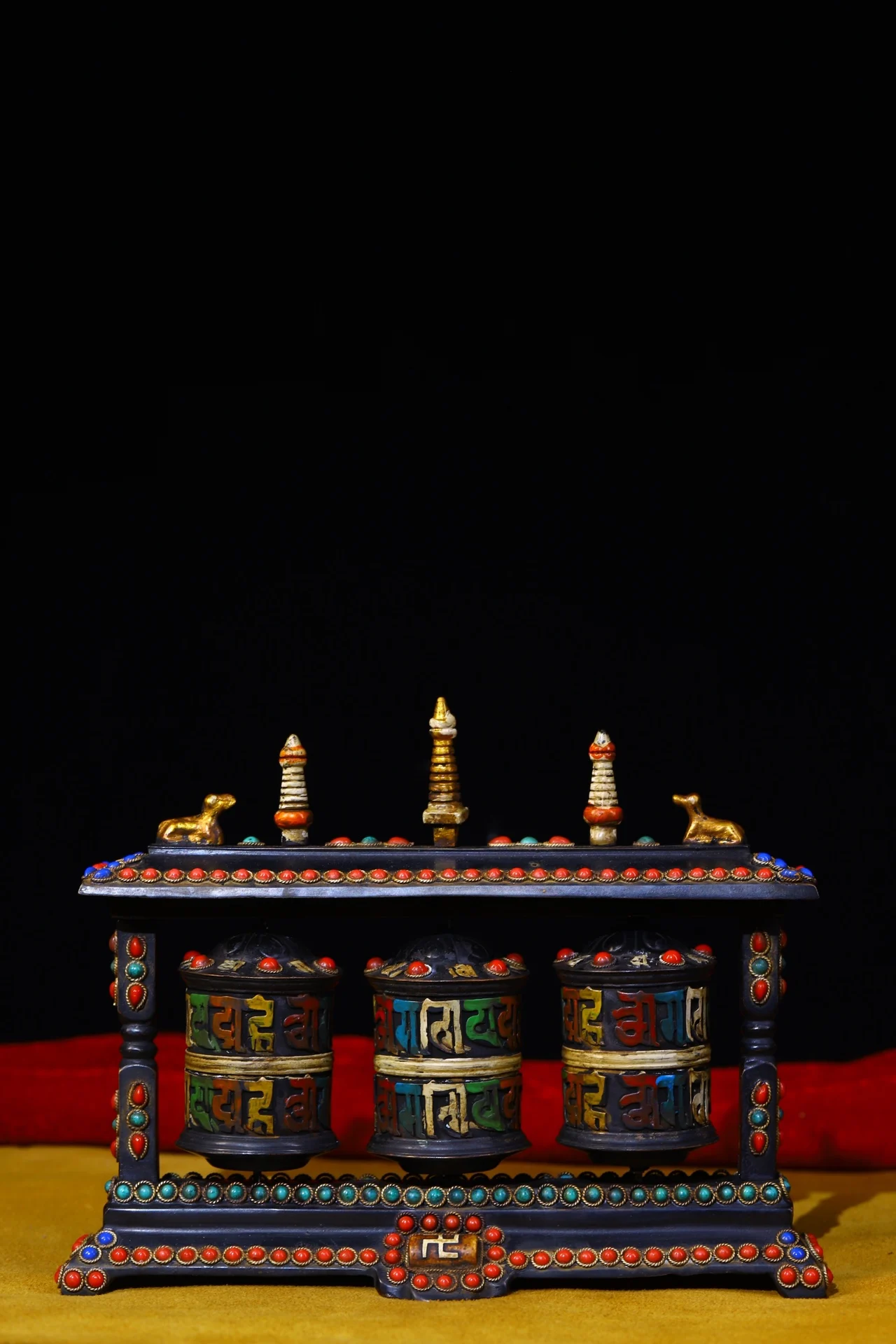 

Коллекция тибетских храмов 7 дюймов, старое бронзовое окрашенное драгоценное камень, Цзы, бусины, притчи, три цилиндра, Молитвенное Колесо, в...