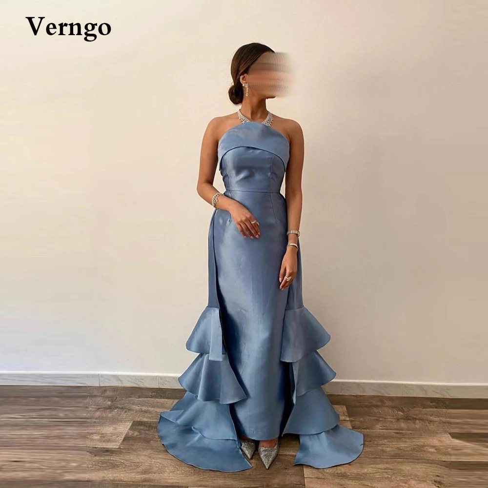 

Вечерние платья-русалки Verngo, пыльное синее платье без бретелек, с многоярусной юбкой из тафты, женское платье для выпускного вечера, официальное платье для Саудовской Аравии