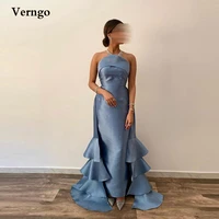 verngo dusty blue mermaid evening dresses strapless taffeta tiered overskirt saudi arabic women prom dress formal party dress