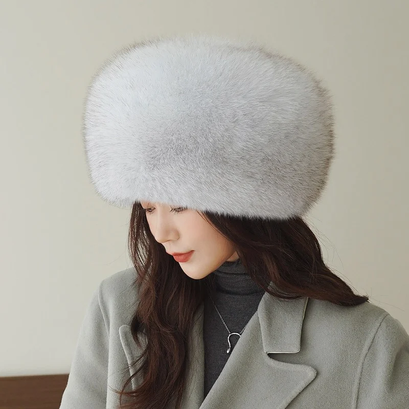 Fashion Winter Winterproof Fur Hat Ladies Luxury Fox Fur Ear Protection Large Round Hat Outdoor Warm Plush Mongolian Hat