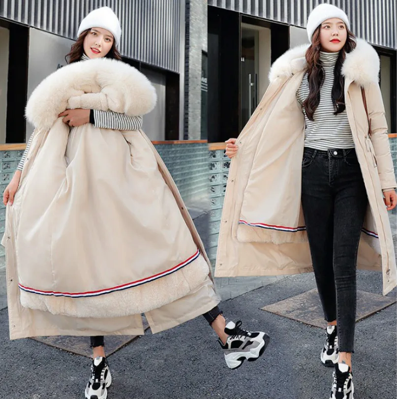 Casual Fashion Hooded Retro Coat Ladies Winter Solid Color Cotton Plus Size Long Coat To Keep Warm and Thick with Zipper Pockets