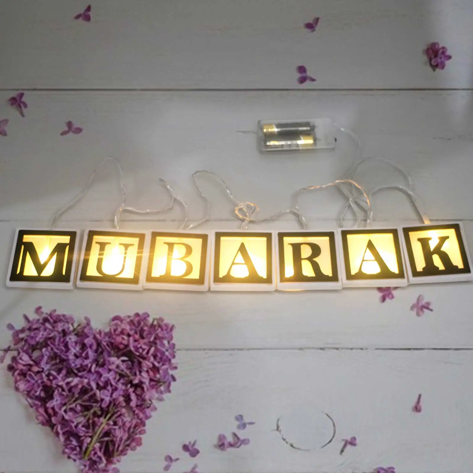 

Lamp String Pendant “Mubarak ” LED Wooden Handicraft Letter Hollow Home Decoration Light