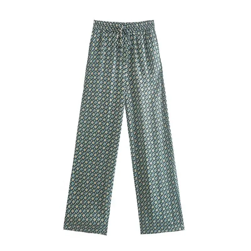 

ZATRHMBM Female Clothing New Fashion Geometric Print Trousers Vintage Casual Drawstring High Waist Summer Pants For Women