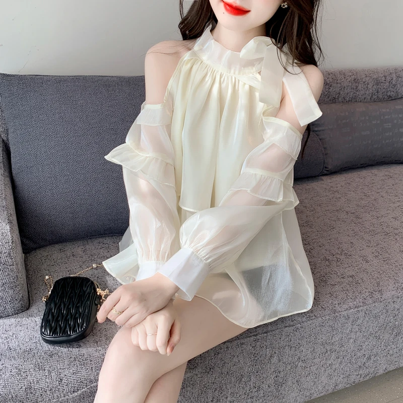 

Chiffon Women's Blouse Summer Ruffled Off The Shoulder Shirt Loose Long Sleeve Casual Top Fashion Female Korean Style Clothing